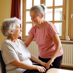 **

A warm, inviting physiotherapy session in a French EHPAD (retirement home). An elderly woman is carefully guided by a physiotherapist through a gentle balancing exercise. Soft natural light streams through a window, highlighting the supportive atmosphere. Focus on the resident's confident expression and the physiotherapist's encouraging touch. The setting should feel safe, comfortable, and promote well-being. The setting should evoke the charm of a typical French retirement home.

**