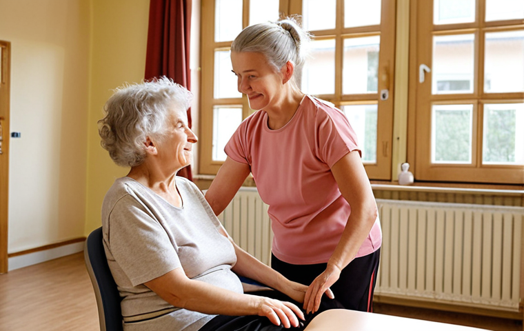 **
A warm, inviting physiotherapy session in a French EHPAD (retirement home). An elderly woman is carefully guided by a physiotherapist through a gentle balancing exercise. Soft natural light streams through a window, highlighting the supportive atmosphere. Focus on the resident's confident expression and the physiotherapist's encouraging touch. The setting should feel safe, comfortable, and promote well-being. The setting should evoke the charm of a typical French retirement home.
**