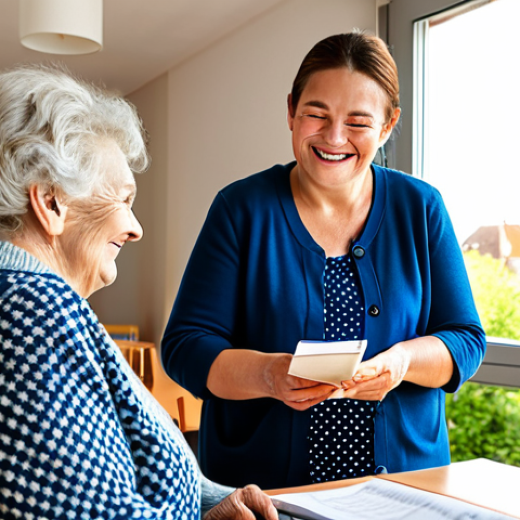 **
"A professional social worker in a modest, dark blue business dress, visiting a senior woman in a bright, sunlit room of a modern nursing home in France. The social worker is holding a file and smiling kindly. The senior woman is wearing a patterned cardigan and looks comfortable. French landscape visible through the window. Safe for work, appropriate content, fully clothed, professional, perfect anatomy, well-formed hands, natural pose, high resolution, family-friendly."
**
