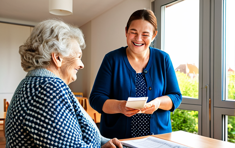 **
"A professional social worker in a modest, dark blue business dress, visiting a senior woman in a bright, sunlit room of a modern nursing home in France. The social worker is holding a file and smiling kindly. The senior woman is wearing a patterned cardigan and looks comfortable. French landscape visible through the window. Safe for work, appropriate content, fully clothed, professional, perfect anatomy, well-formed hands, natural pose, high resolution, family-friendly."
**