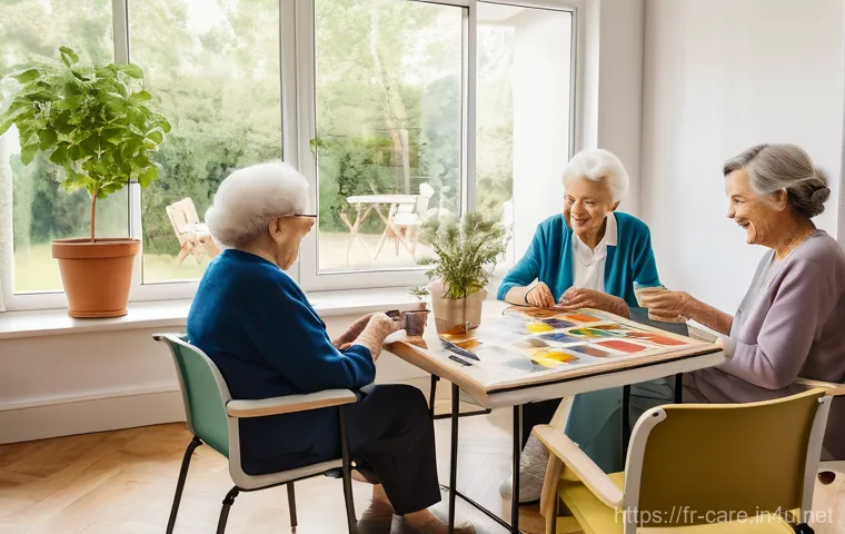 요양병원 비용 분류 - **Prompt: A serene and welcoming common living area in a modern French EHPAD (nursing home), bathed ...