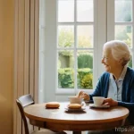 요양병원 내 간병인 서비스 - **Prompt:** A serene and brightly lit common room in a French EHPAD, designed with warm, inviting co...