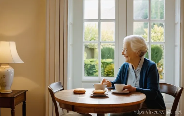 요양병원 내 간병인 서비스 - **Prompt:** A serene and brightly lit common room in a French EHPAD, designed with warm, inviting co...