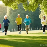 노인성 질환 예방 요양 - **Prompt:** A vibrant group of diverse seniors, both men and women, engaging in a joyful, gentle out...