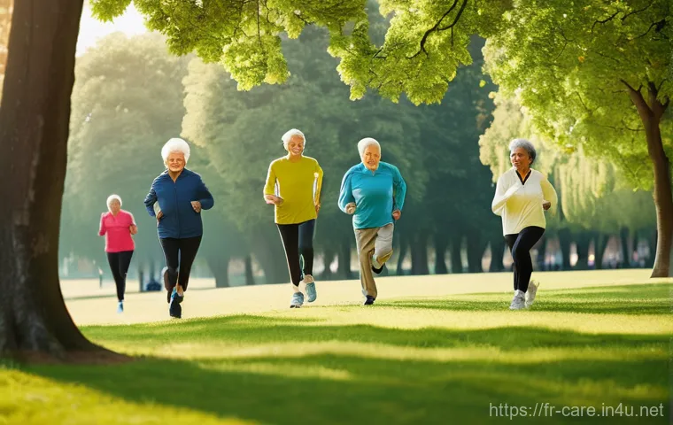 노인성 질환 예방 요양 - **Prompt:** A vibrant group of diverse seniors, both men and women, engaging in a joyful, gentle out...