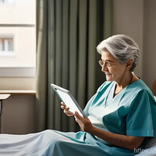 Home 20 요양병원 퇴원 후 관리 프로그램 - A heartwarming scene in a modern French hospital room. An elderly French woman in her late 70s, with...