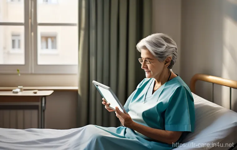 요양병원 퇴원 후 관리 프로그램 - A heartwarming scene in a modern French hospital room. An elderly French woman in her late 70s, with...