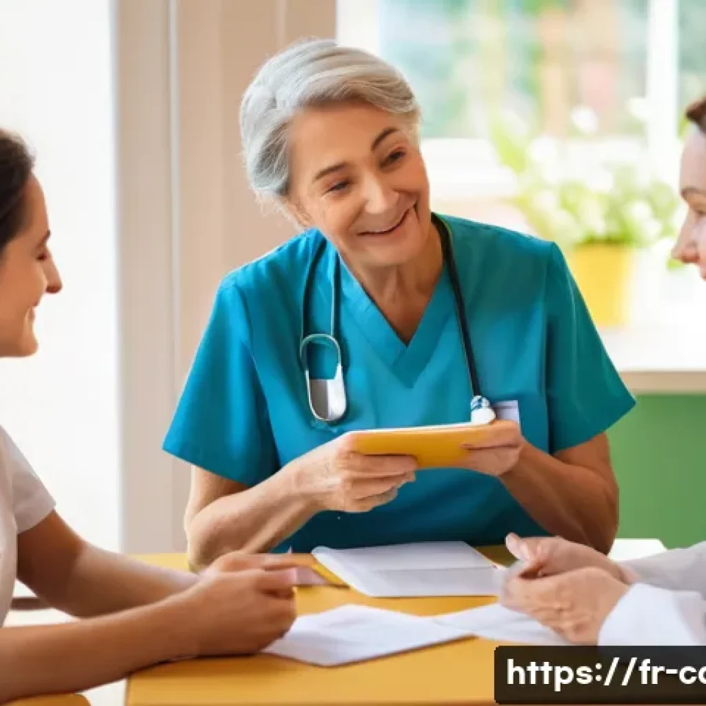 요양병원 환자 가족 지원 프로그램 - A warm, compassionate scene inside a modern long-term care facility in France, showing a middle-aged...