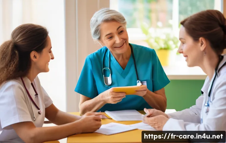 요양병원 환자 가족 지원 프로그램 - A warm, compassionate scene inside a modern long-term care facility in France, showing a middle-aged...