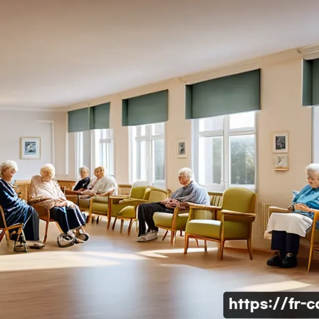 요양병원과 의료보험 적용 한도 - A modern French EHPAD (nursing home) interior scene showing elderly residents engaging in light acti...