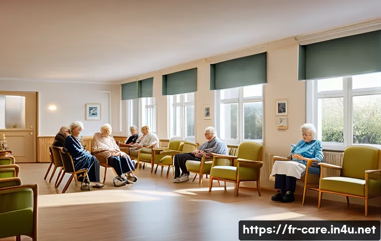 요양병원과 의료보험 적용 한도 - A modern French EHPAD (nursing home) interior scene showing elderly residents engaging in light acti...