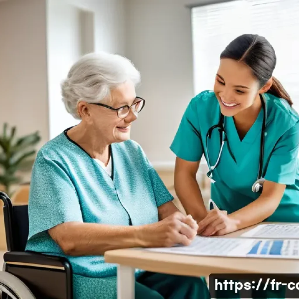 요양병원에서 관리하는 노인 질환 - A warm, bright interior of a specialized elderly care facility showing a multidisciplinary medical t...