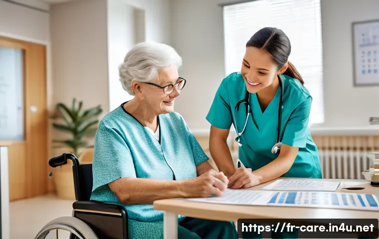 요양병원에서 관리하는 노인 질환 - A warm, bright interior of a specialized elderly care facility showing a multidisciplinary medical t...