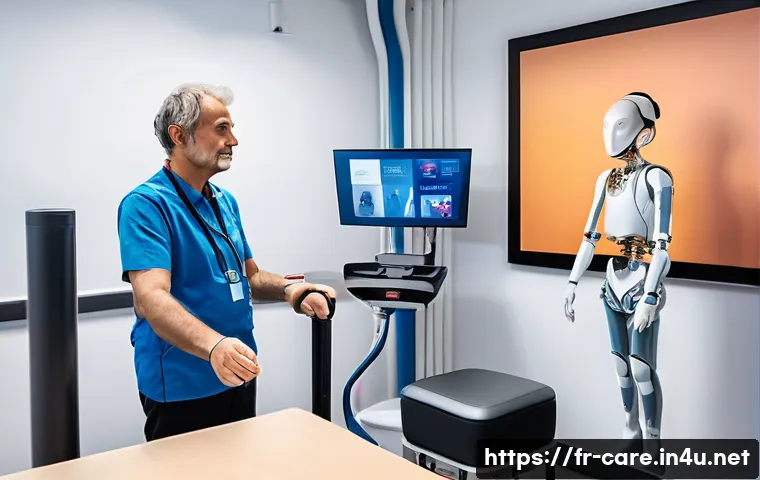 요양병원에서 재활 가능한 질환 - A modern multidisciplinary rehabilitation center in France, showing a middle-aged stroke patient wea...