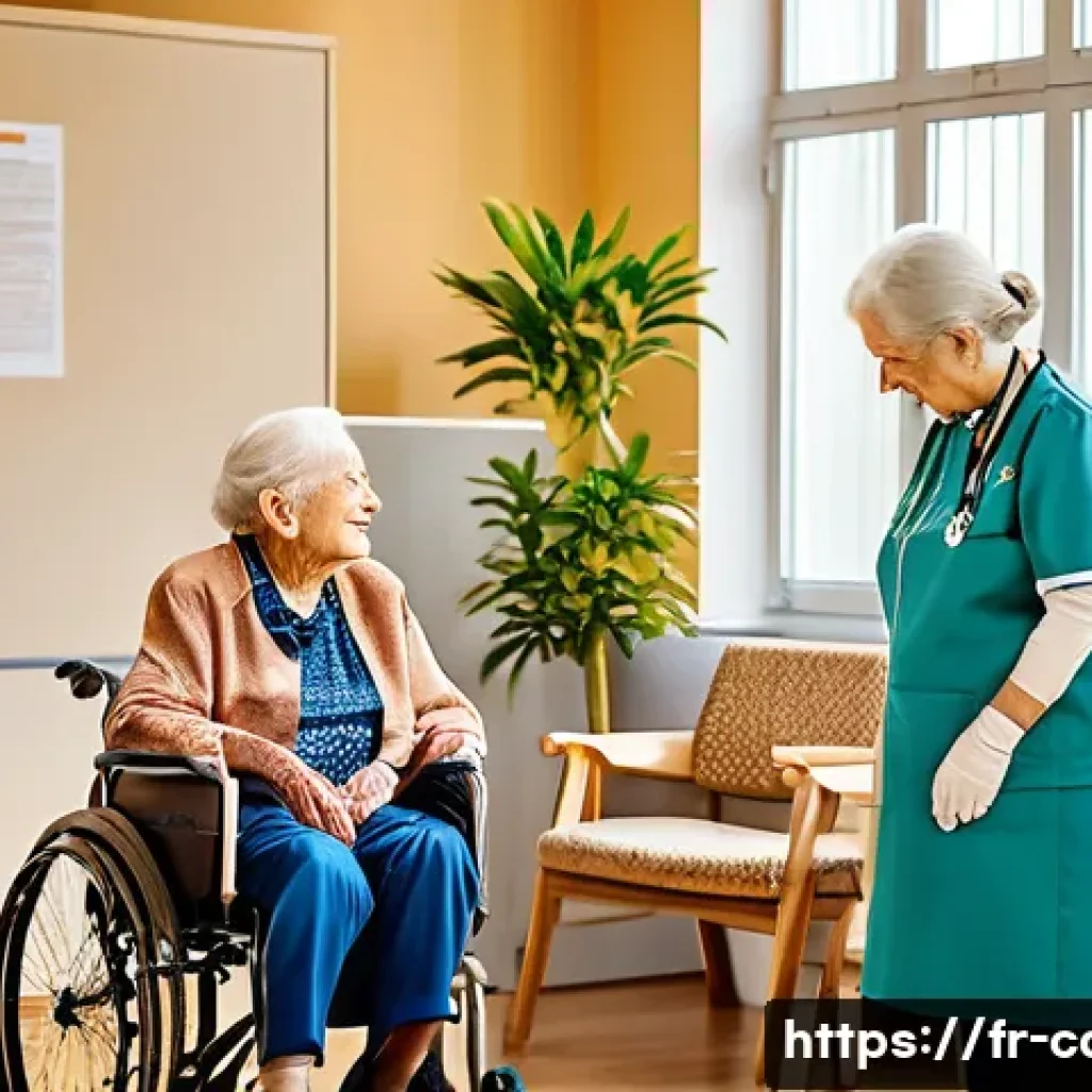 요양병원 의료비 지원 프로그램 - A warm and inviting scene inside a modern French elder care home (EHPAD), showing elderly residents ...