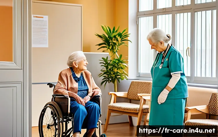 요양병원 의료비 지원 프로그램 - A warm and inviting scene inside a modern French elder care home (EHPAD), showing elderly residents ...