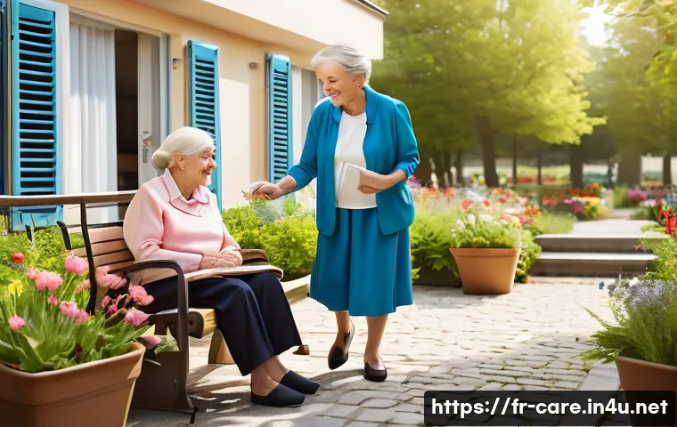 요양병원 입소 절차 - A warm and welcoming senior living residence in a French countryside setting during daytime, showing...