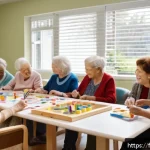 Home 21 요양병원에서의 심리치료 - A warm and inviting long-term care facility room where elderly patients, all wearing appropriate mod...