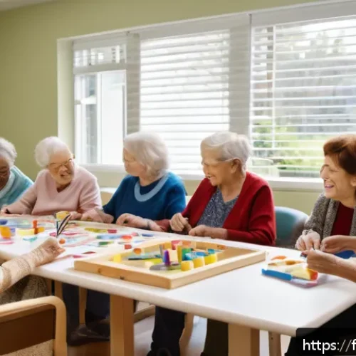 Home 33 요양병원에서의 심리치료 - A warm and inviting long-term care facility room where elderly patients, all wearing appropriate mod...