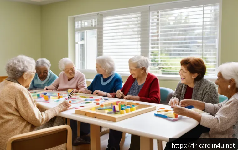 요양병원에서의 심리치료 - A warm and inviting long-term care facility room where elderly patients, all wearing appropriate mod...