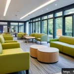 Home 20 요양병원에서 관리하는 만성 질환 - A bright, modern senior care facility lounge designed for enhanced well-being, featuring large windo...