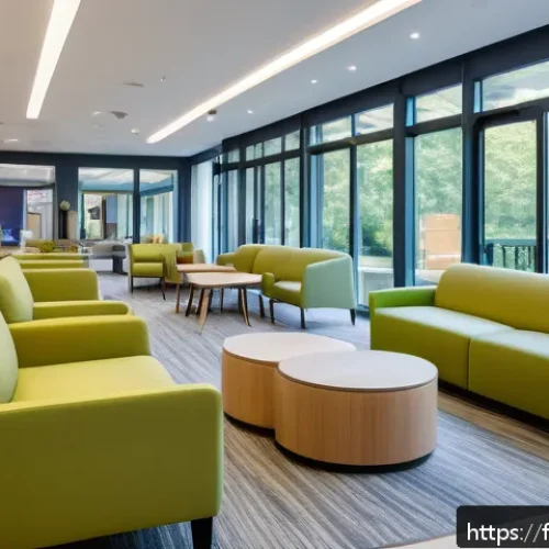 Home 32 요양병원에서 관리하는 만성 질환 - A bright, modern senior care facility lounge designed for enhanced well-being, featuring large windo...