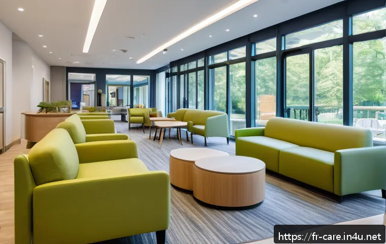 요양병원에서 관리하는 만성 질환 - A bright, modern senior care facility lounge designed for enhanced well-being, featuring large windo...