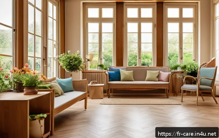 요양병원 환자 가족 후기 - A cozy and welcoming retirement home interior in a French countryside setting, featuring elderly res...