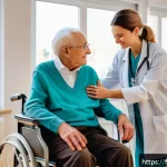 Home 18 요양병원과 호스피스 비교 - A compassionate scene in a modern French long-term care facility (EHPAD) showing a diverse elderly p...