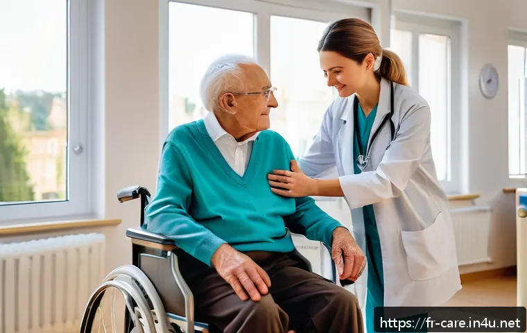 요양병원과 호스피스 비교 - A compassionate scene in a modern French long-term care facility (EHPAD) showing a diverse elderly p...