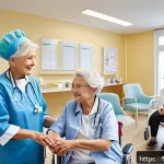 Home 23 요양병원 의료보험 혜택 비교 - A modern French long-term care facility interior showing diverse elderly residents receiving persona...