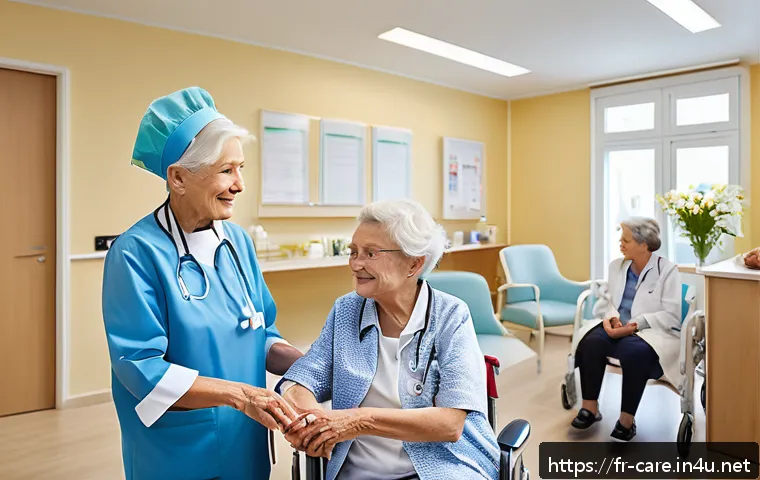 요양병원 의료보험 혜택 비교 - A modern French long-term care facility interior showing diverse elderly residents receiving persona...