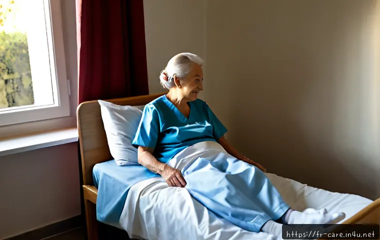 Home 17 요양병원 장기입원 후기 - Photorealistic French long-term care hospital room, an elderly patient in comfortable day clothes se...